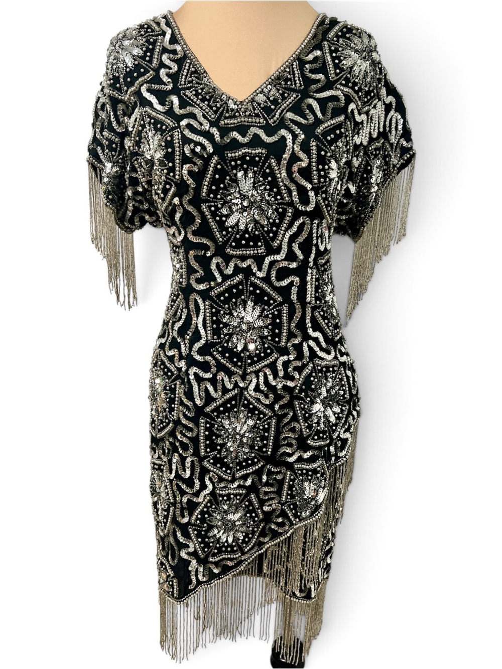 Vintage Fringe Sequin Beaded Gatsby Flapper Evening Party Formal Cocktail Dress